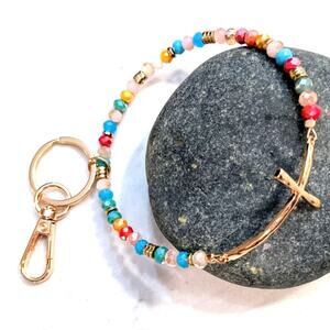 GOLD TONE CROSS Glass Bead Bracelet Style Hoop Key Chain with Closed Hook NEW